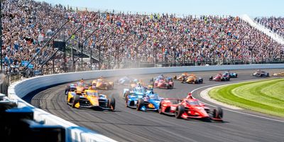 Indy 500 race from a corner at Indianapolis Motor Speedway.