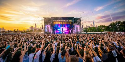 A massive crowd cheers at the Governors Ball 2026 main stage in New York City.