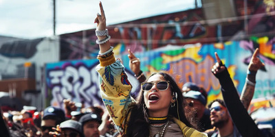A women sings loudly in the crowd of a concert.