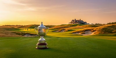 A view of Shinnecock Hills Golf Club with the U.S. Open Championship Trophy on the course.