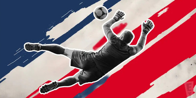 A goalie lunges for a ball over a red, white, and blue, stylized background.