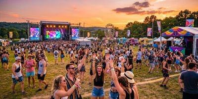 People dancing on a summer festival stage.