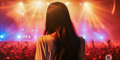 The back of a head featuring long brown hair on stage at a concert.