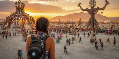 A panoramic view of Burning Man Festival.
