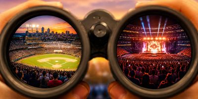 A view through binoculars showing ballpark and stadium layouts.