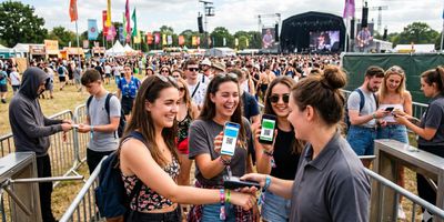 Scanning digital tickets on smartphones at a music festival entrance.