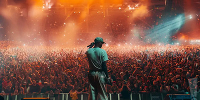 Tyler, the Creator performs on stage, shown from behind.
