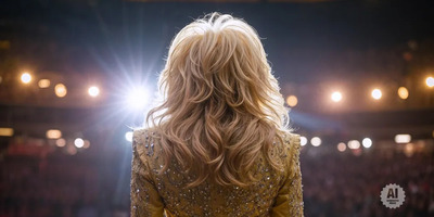 Dolly Parton shown on stage in a sparkly outfit from behind.