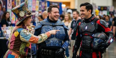 Three cosplayers laughing and interacting together at Fan Expo Dallas