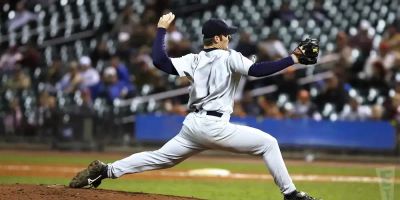 A pitcher throws a ball at an MLB baseball game.